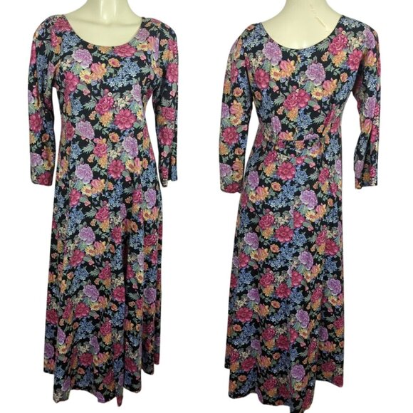 Vintage All That Jazz Floral Maxi‎ Aline Dress 3/4 Sleeves Scoop Neckline 7/8 - Picture 1 of 16